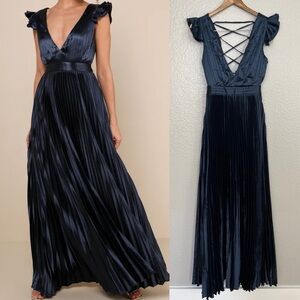 NWOT Exceptional Drama Navy Blue Satin Lace-Up Pleated Maxi Dress